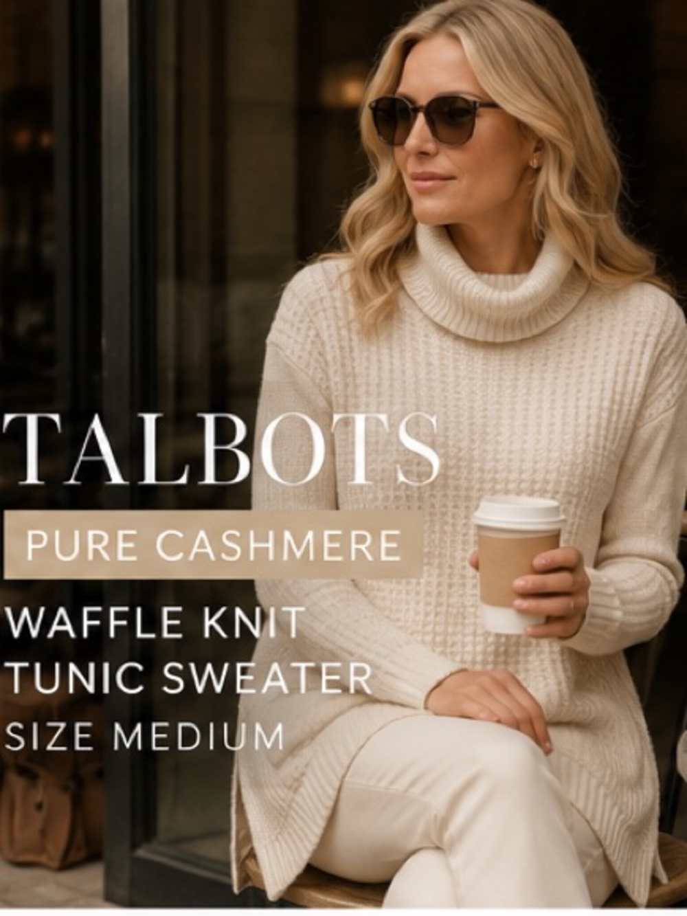 Talbots Pure Cashmere Ivory Waffle Knit Turtleneck Tunic Sweater M Side Zip